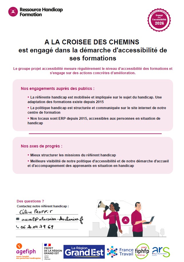 A LA CROISÉE DES CHEMINS est engagé dans la démarche d'accessibilité de ses formations